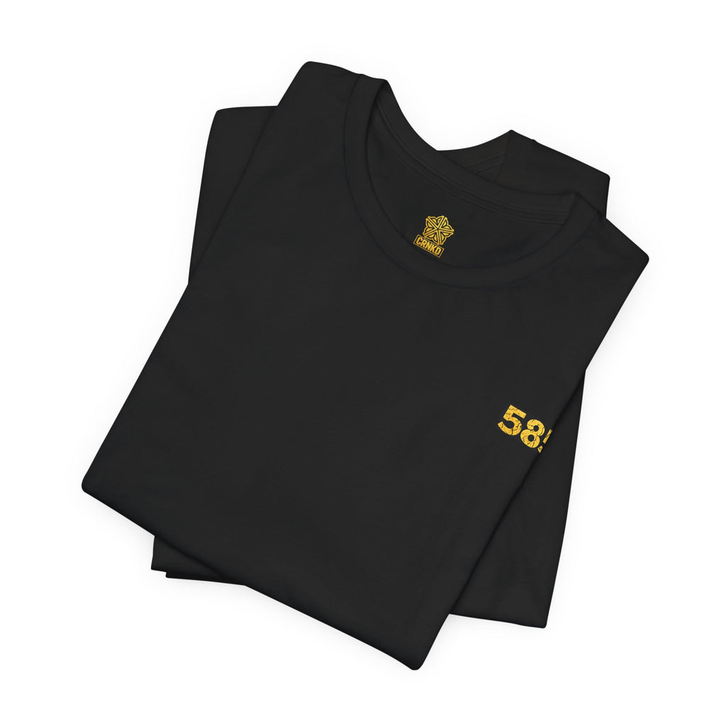 CRNKD Gold Emblem T‑Shirt — 585 Chest Logo & Distressed Back Design
