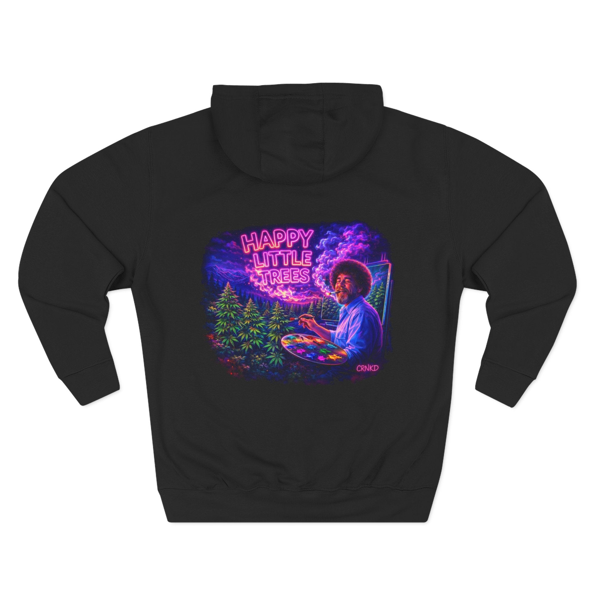 Bob Ross “Happy Little Trees” Hoodie — Retro Neon Art Fleece Pullover