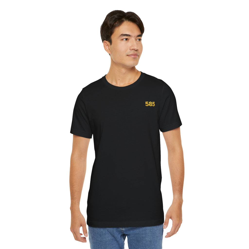 CRNKD Gold Emblem T‑Shirt — 585 Chest Logo & Distressed Back Design