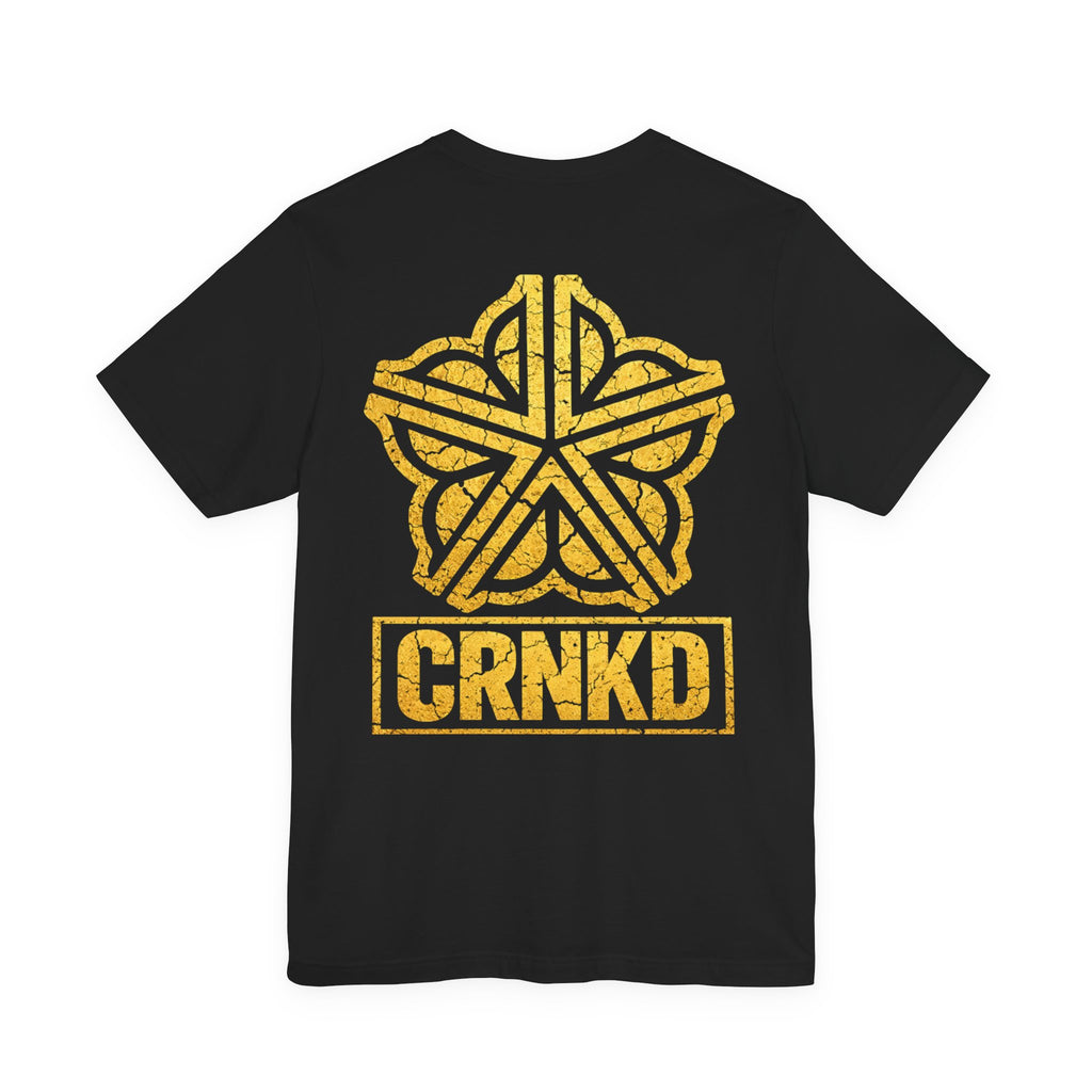 CRNKD Gold Emblem T‑Shirt — 585 Chest Logo & Distressed Back Design