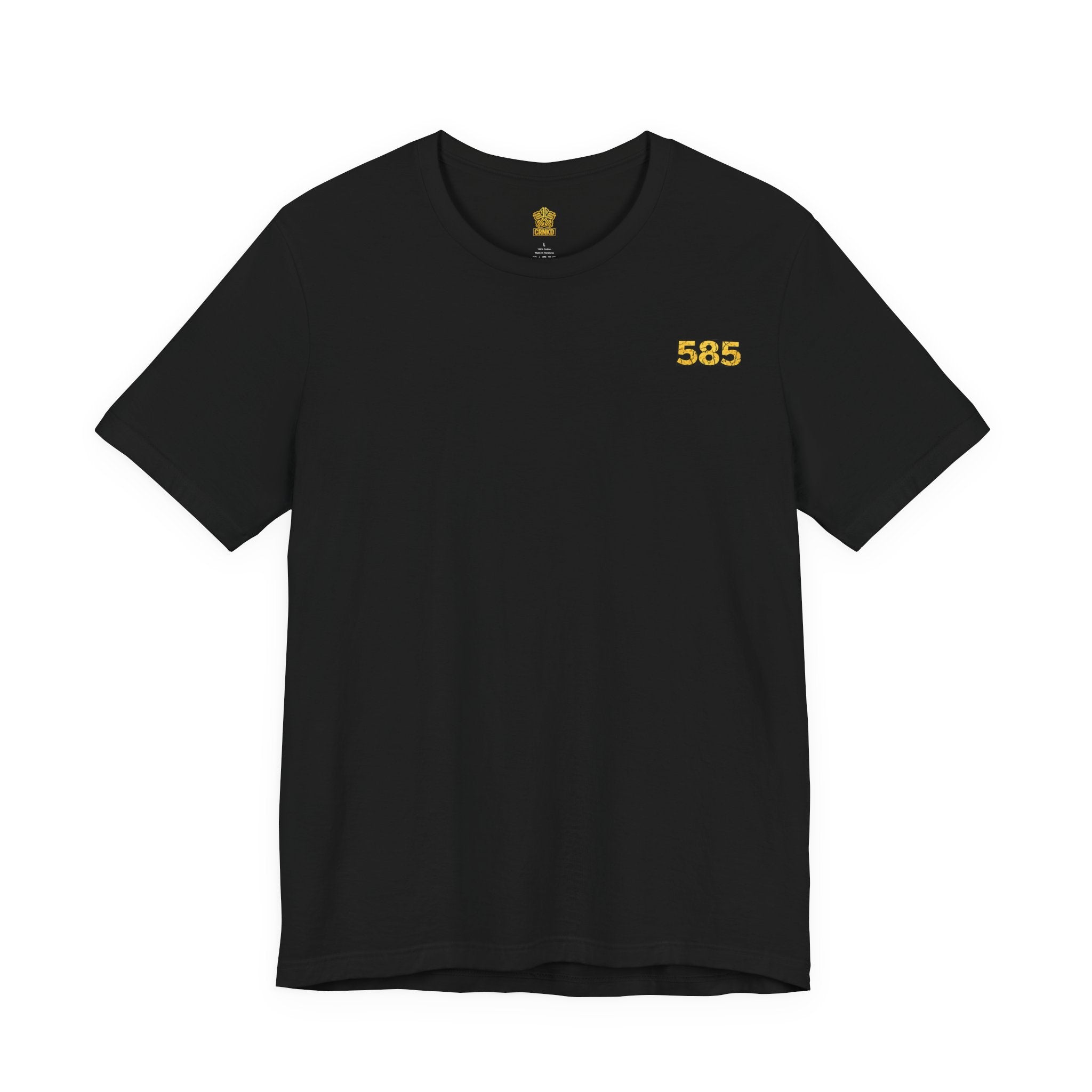 CRNKD Gold Emblem T‑Shirt — 585 Chest Logo & Distressed Back Design